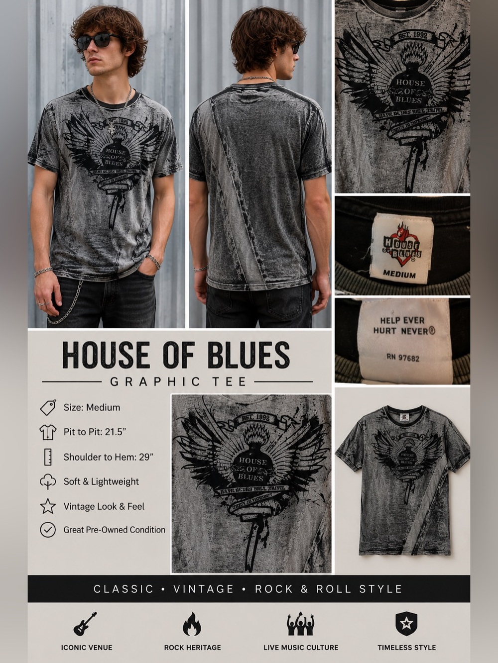 House of Blues Graphic T Shirt Medium Gray Acid Wash Winged Biker Rock Y2K Tee